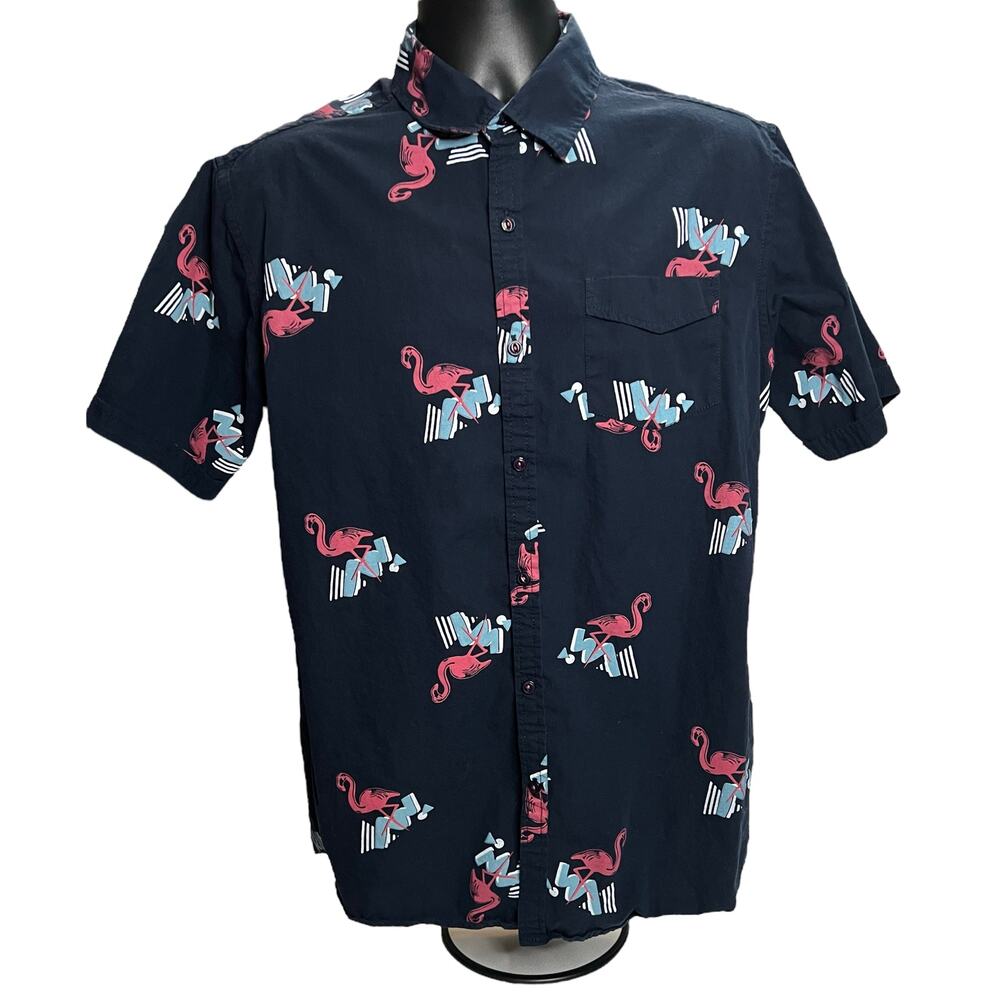 Flamingo Print XL‎ Broken Threads Men’s Short Sleeve Button-Up Shirt Navy Blue